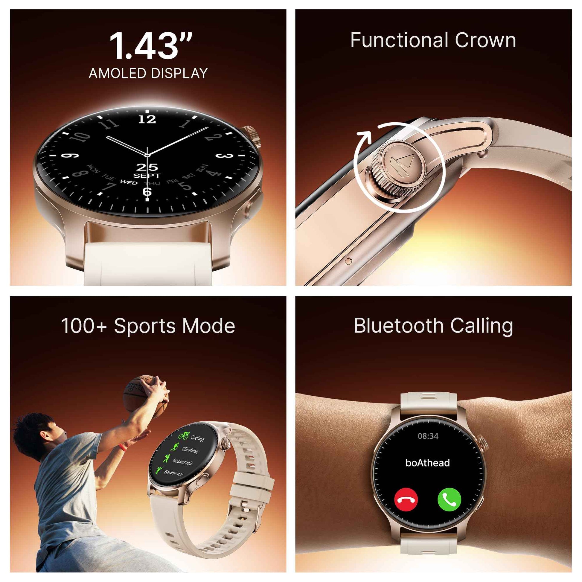 boAt New Launch Ultima Prime smartwatch with 1.43” AMOLED Display, Functional Crown, SOS, BT Calling, Notifications, IP68, Music & Camera Controls, 100+ Sports Modes, Watch Face Studio (Rose Gold) SaumyasStore