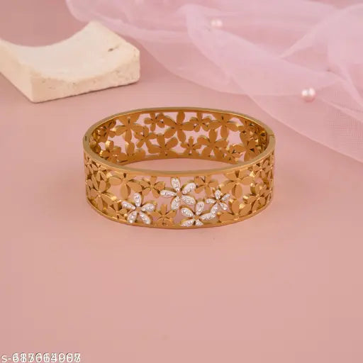 ✨ Designer Floral Cutwork Gold-Plated Bracelet | Elegant AD Stone Studded Kada for Women | Party & Ethnic Wear Jewellery ✨