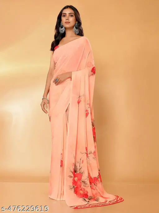 Janasya Women's Peach Georgette Floral Printed Daily Wear Saree with Blouse Piece