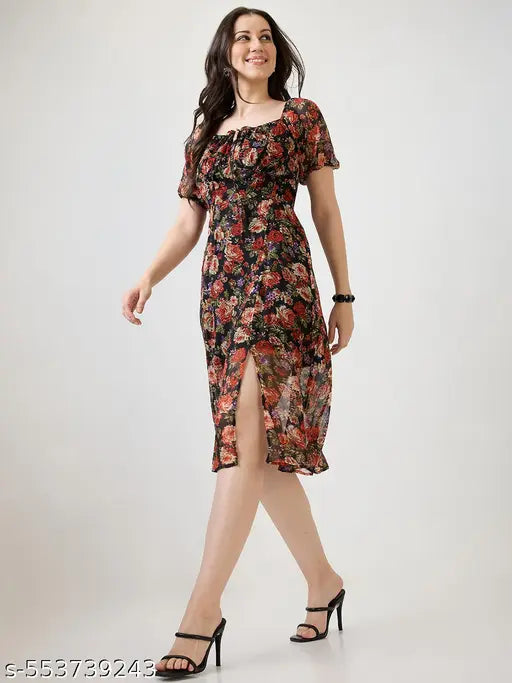 Globus Women Black Allover Floral Printed Tie-Up Square Neck Puff Sleeves Side Slit Fit & Flare Midi Dress