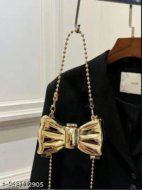 Elegant, Exquisite, Luxurious, Charming, Half Bride Gold Banquet Bag, Shaped Bag, Bow Bag, Bow Design, Metal Chain Carrying Diagonal Double Chain, Banquet, Party, Gift For Mother, Lady, Bride, Bridesmaid Valentines