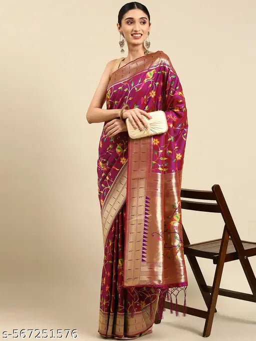 Women's Kanjeevaram Paithani Silk Saree With Unstitched Blouse Piece