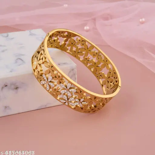 ✨ Designer Floral Cutwork Gold-Plated Bracelet | Elegant AD Stone Studded Kada for Women | Party & Ethnic Wear Jewellery ✨
