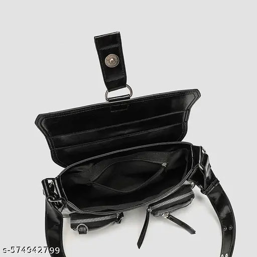 Black Front Double Pocket Crossbody Shoulder Sling Bag For Women