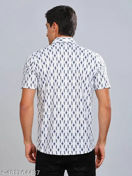 Bullmer Men's Geometric Regular Spread Collar White Shirts
