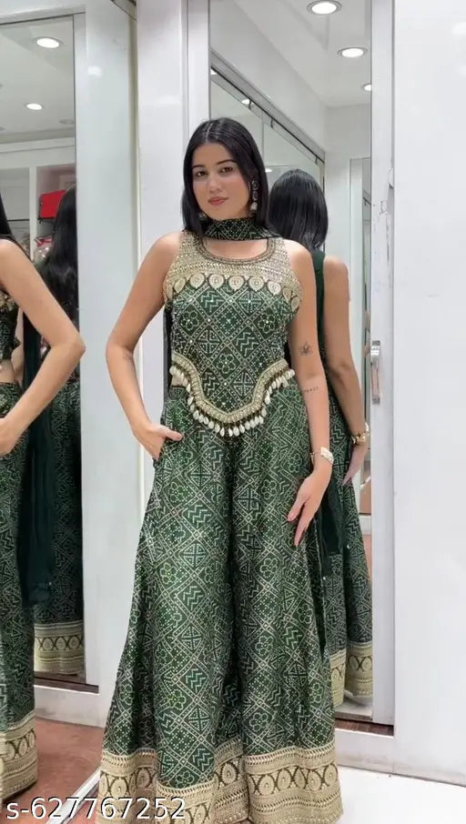 Designer Patola Print Heavy Faux Georgette Top Palazzo Set with Embroidered Sequins Work & Dupatta