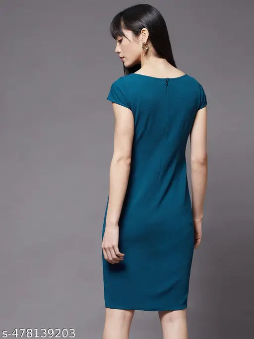 Miss Chase Women's Teal V-Neck Cap Sleeve Solid Wrapped Polyester Knee-Long Dress