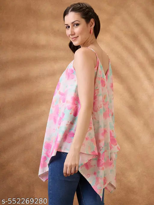 Globus Women Pink V-Neck Strappy Shoulder Floral Print Asymmetric Hem Fusion Tunic