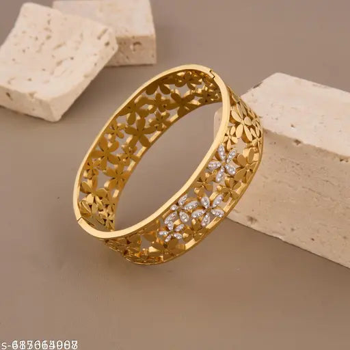 ✨ Designer Floral Cutwork Gold-Plated Bracelet | Elegant AD Stone Studded Kada for Women | Party & Ethnic Wear Jewellery ✨