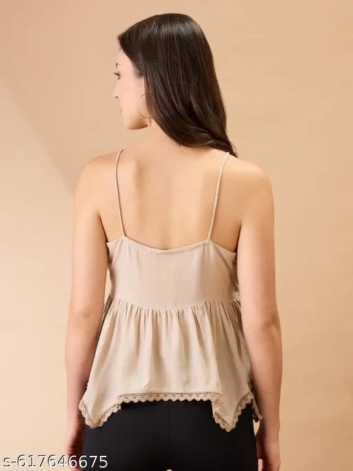 Globus Women Beige Embroidered Square Neck Shoulder Strap Asymmetric Hem Fusion Tunic