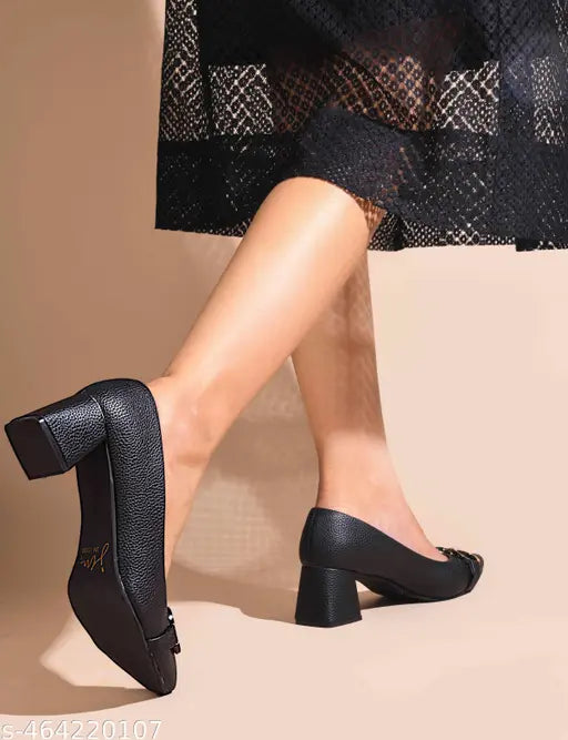 JM LOOKS Women's Pointed Toe Block Heel Pumps with Double Ring Chain Detail – Stylish Textured Formal Sandal for Women