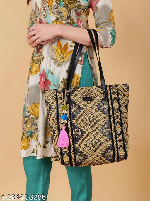 Cotton Blend Thread Work Top Handle Stylish Tote Bag for Women and Girls |  Indian loom classic jacquard fabric for women | Women Geometric Pattern Tote Bag