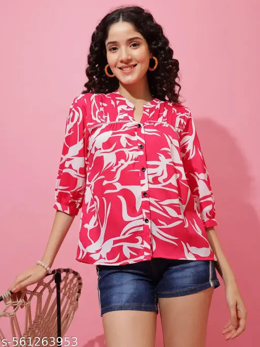 Honky Tonky Bold Pink & White Printed Top in Crepe Fabric with Cuffed Sleeves for Women