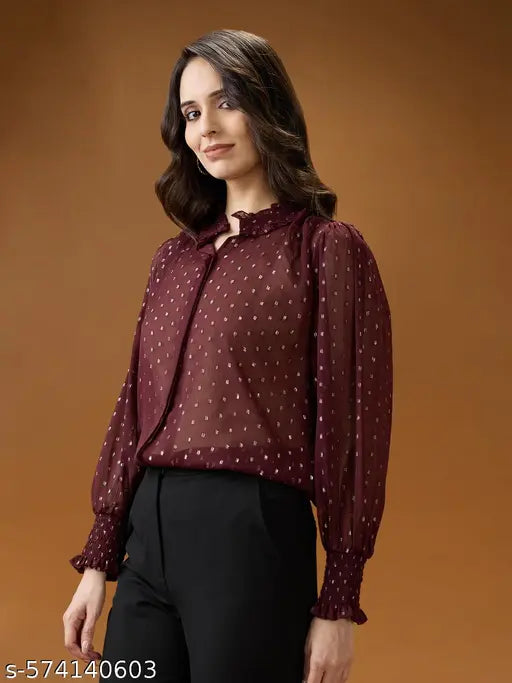 Globus Women Frilled Neck Bishop Sleeves Lurex Detail Georgette Shirt Top