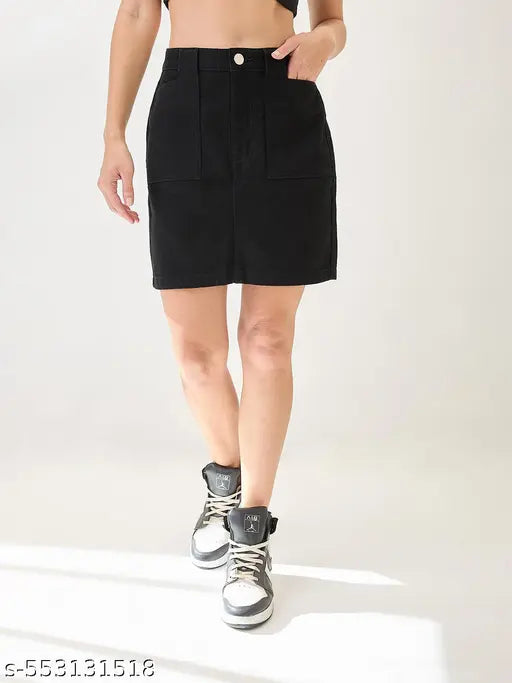 Globus Women Black Cotton Mid Rise Pocket Deatil Mini Denim Skirt