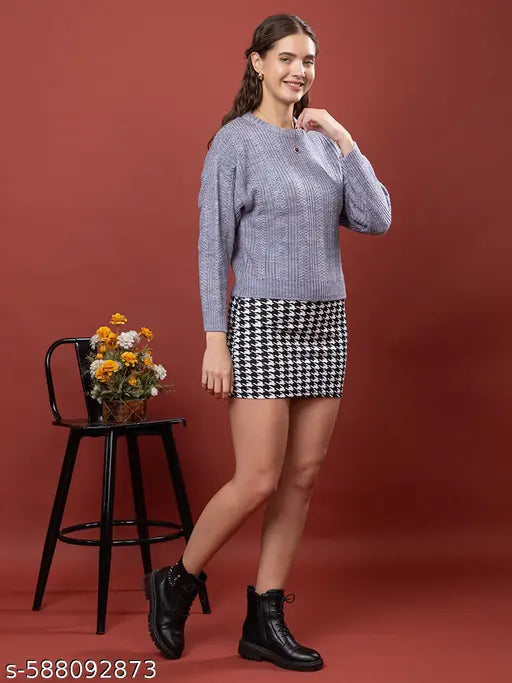 Wear lusso Women Round Neck Solid Full Sleeve Woolen Winter Pullover Aqua Blue Sweater