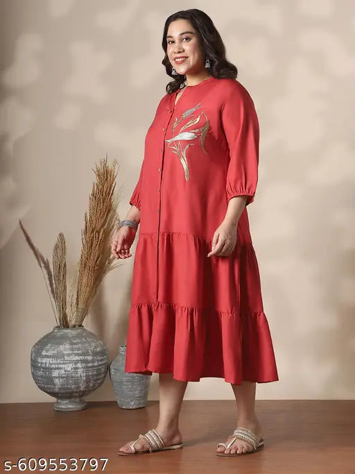 Globus Gloplus Women Red Mandarin Collar Bishop Sleeves Floral Embroidered Tiered Midi A-Line Shirt Dress