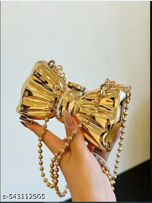 Elegant, Exquisite, Luxurious, Charming, Half Bride Gold Banquet Bag, Shaped Bag, Bow Bag, Bow Design, Metal Chain Carrying Diagonal Double Chain, Banquet, Party, Gift For Mother, Lady, Bride, Bridesmaid Valentines