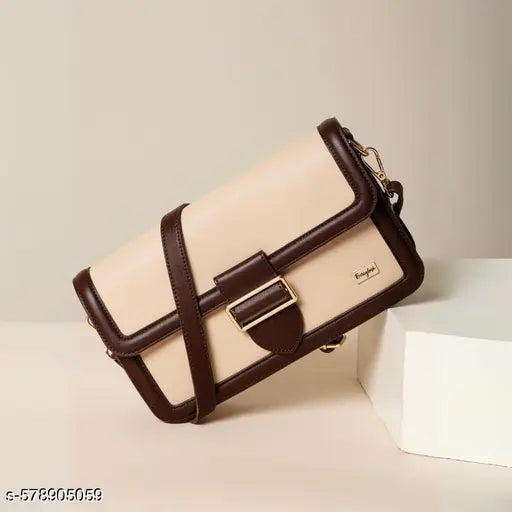 Berrylush Women Solid Brown & Beige Synthetic Leather Detachable Strap Button-Up Embellished Regular Sling Bag