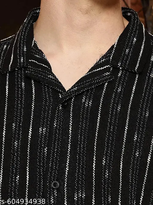 Maniac Mens Textured Lines Collared Neck Full Sleeve Black & White Cotton Shirt