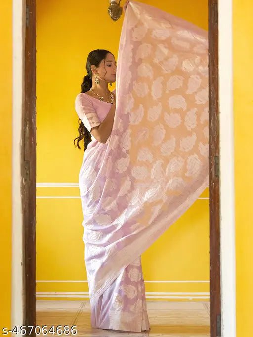 Janasya Women's Lavender Linen Cotton Woven Paisley Saree with Unstitched Blouse Piece