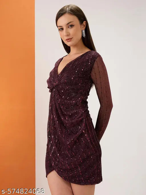 Globus Women Multicolour Wrap V-Neck Spangle Embellished Tulip Hem Mini Bodycon Party Dress