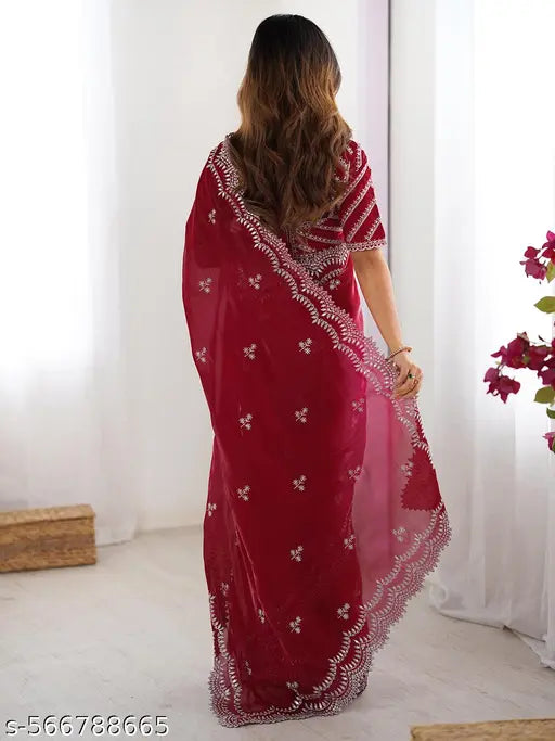 SATRANI Tissue Silk Red Saree with Tissue Silk Blouse