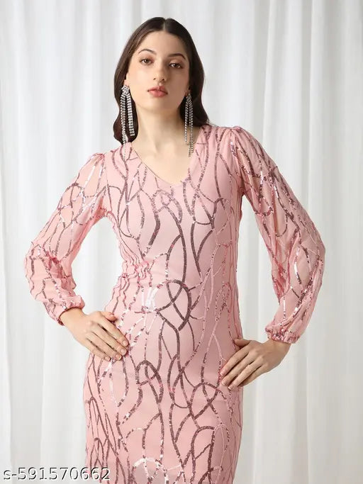 Globus Women Pink V-Neck Bishop Sleeves Embellished Mini Bodycon Party Dress