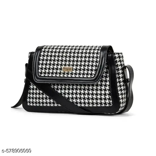 Berrylush Women Black & White Houndstooth Printed Polyester Zipper-Up Embellished Sling Bag