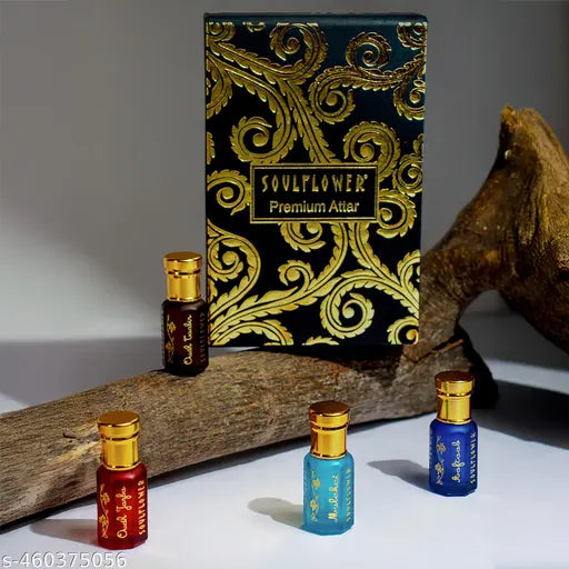 Soulflower Premium Attar Gift Set Alcohol Free luxury Perfume Roll-On for Men & Women, Combination of Fragrance Oudh, Musky, Woody, Floral, Amber, Fresh & Spicy, Set of 4 (5ml Each)