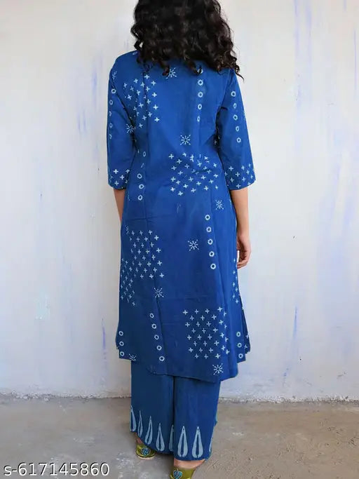 Anni Designer Women's Rayon Viscose Blue A-Line Printed Kurta Set | 2-Piece Daily Wear Suit with Palazzo| Stylish Office Wear Ethnic Rayon Dress
