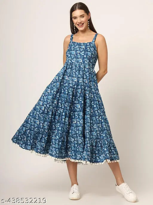 Divena Sky Blue Printed Cotton Fabric Fit & Flare Dress