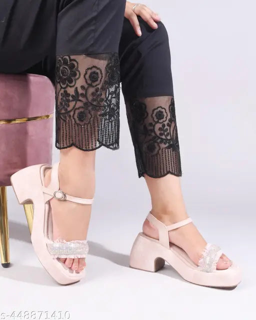 JM LOOKS Textured Block Heels with Rhinestone Strap