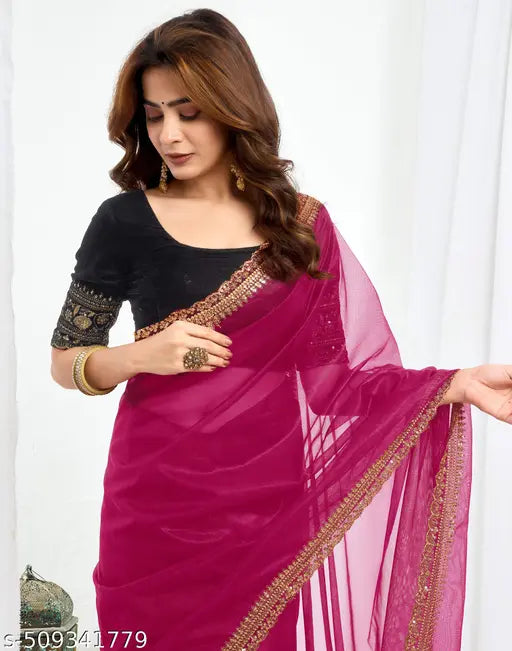 SATRANI Net Pink Saree with Velvet Blouse