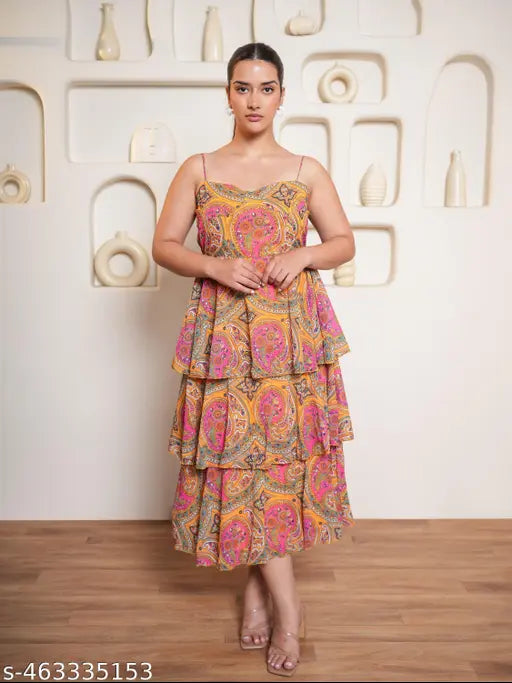 Purvaja Women's Midi Length Layered Dress