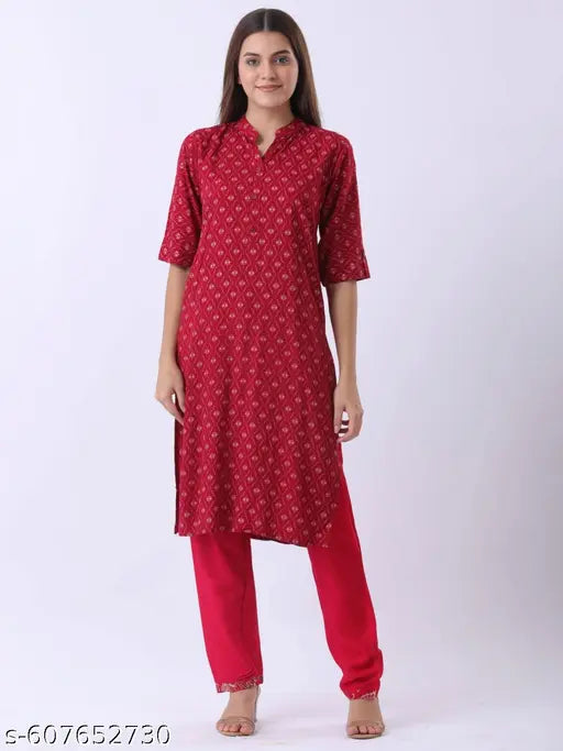 Women's Red Printed Kurta Set with Dupatta | Cotton Blend Straight Kurta & Pants for Daily Wear, Office & Festive