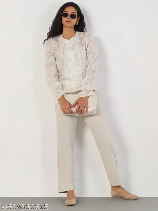 SHOWOFF Women's Solid Round Neck Cream Top