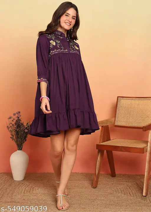Vbuyz Women'S Dark Purple Solid With Embroidery Flare Cotton Stitched Dress