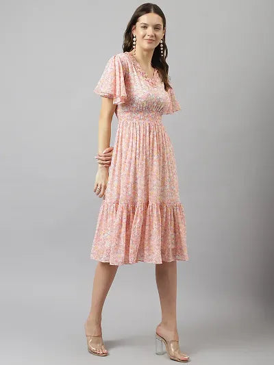 Stylish Peach Georgette Printed Fit And Flare Dress For Women