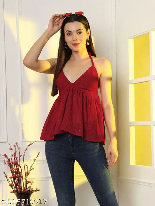 Maroon Chikankari Georgette Halter Neck Removable Padded Top