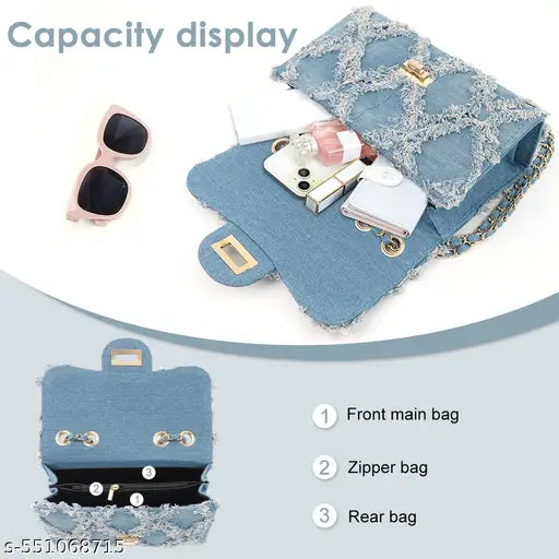 Trendy Blue Denim Small Shoulder Bag for Women Fashion Crossbody Chain Bag with Metal Interlock Closure Casual Phone Purse