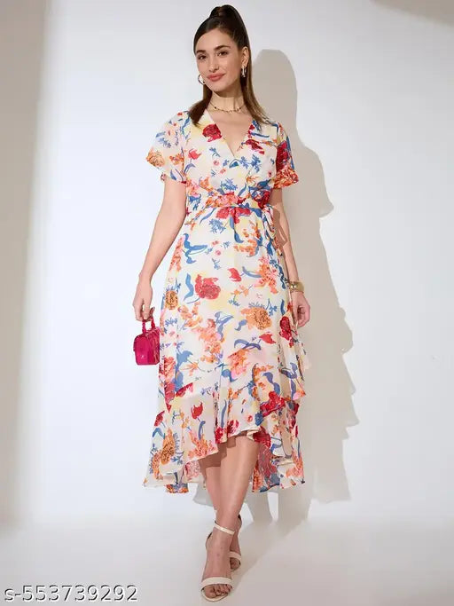 Globus Women White Floral Print Neck Flared Sleeves Waist Tie-Up Ruffled Tulip Hem A-line Midi Dress