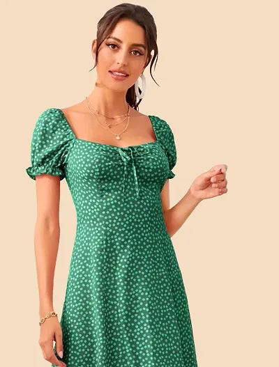 Stylish Green Polyester Printed Fit And Flare Dress For Women
