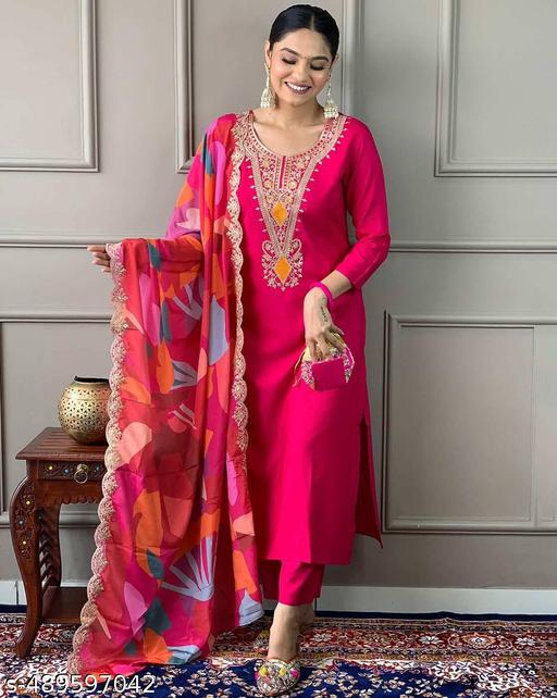 Women's Silk Blend Zari Embroidered Kurta Pant & Dupatta Set