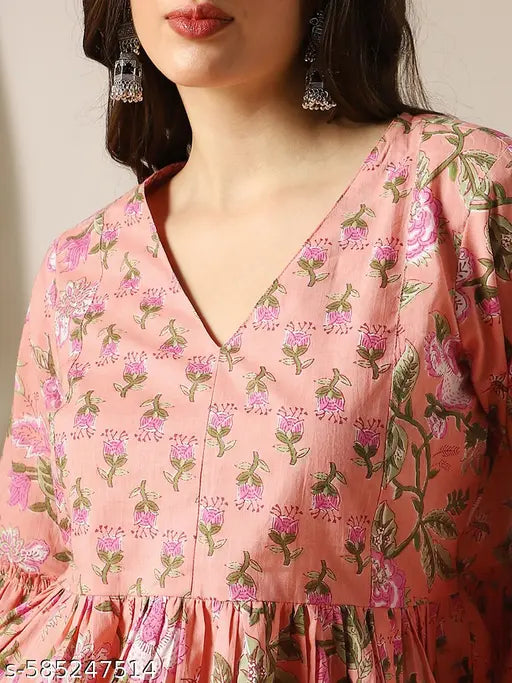 Globus Women Peach V-Neck Bell Sleeves Floral Print Panelled Peplum Tunic