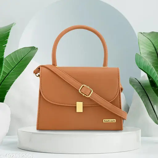 Fastrack Tan Solid PU Structured Handheld Bag For Women with Detachable Sling Strap with Button closure