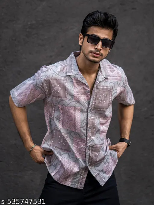 Mens All Over Printed Collar Neck Half Sleeve Pink Cotton Oversized Shirt