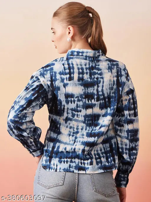 Rare Women Casual Blue Regular Fit Printed Puff Sleeves Spread Collar Shirt