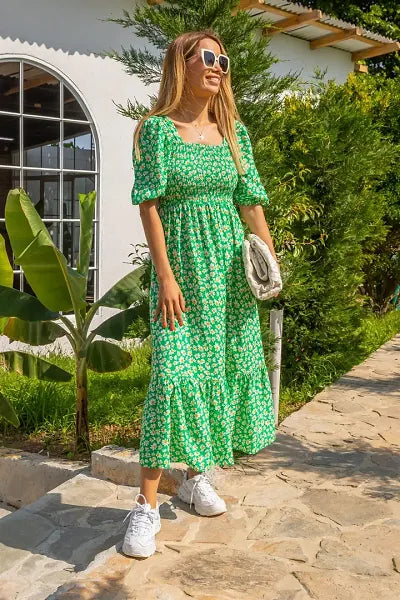 Stylish Printed Green Crepe Maxi Dresses For Women