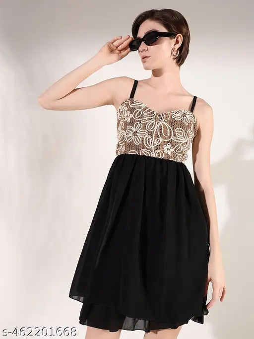 Women's Black Solid Fit and Flare Dress